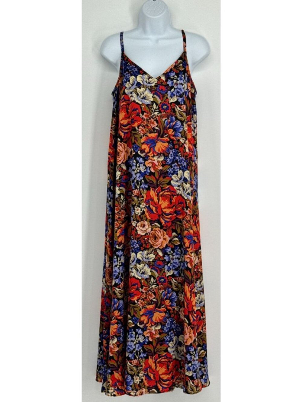 Vibrant Bold Floral Print Maxi Slip Dress M Cottage Boho Fairy Festival